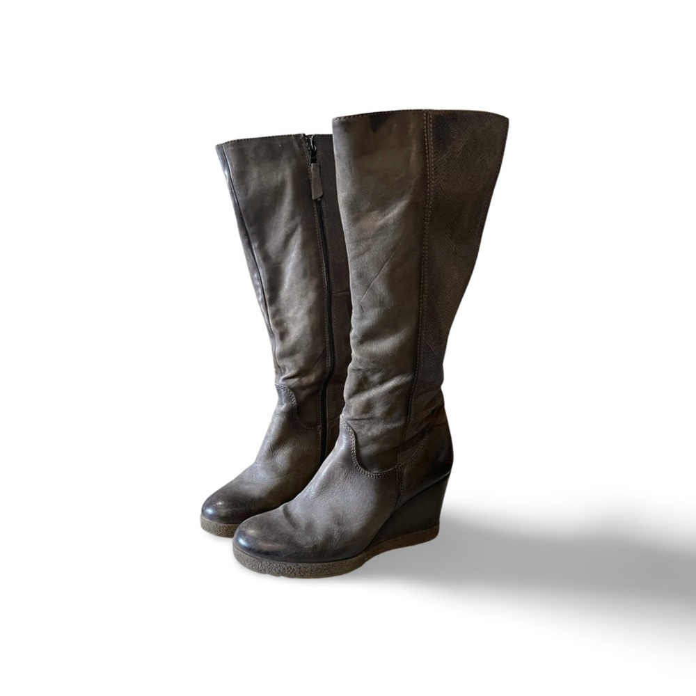 MJUS Charcoal Grey Snake Textured Wedge Leather Knee Boots US 8.5